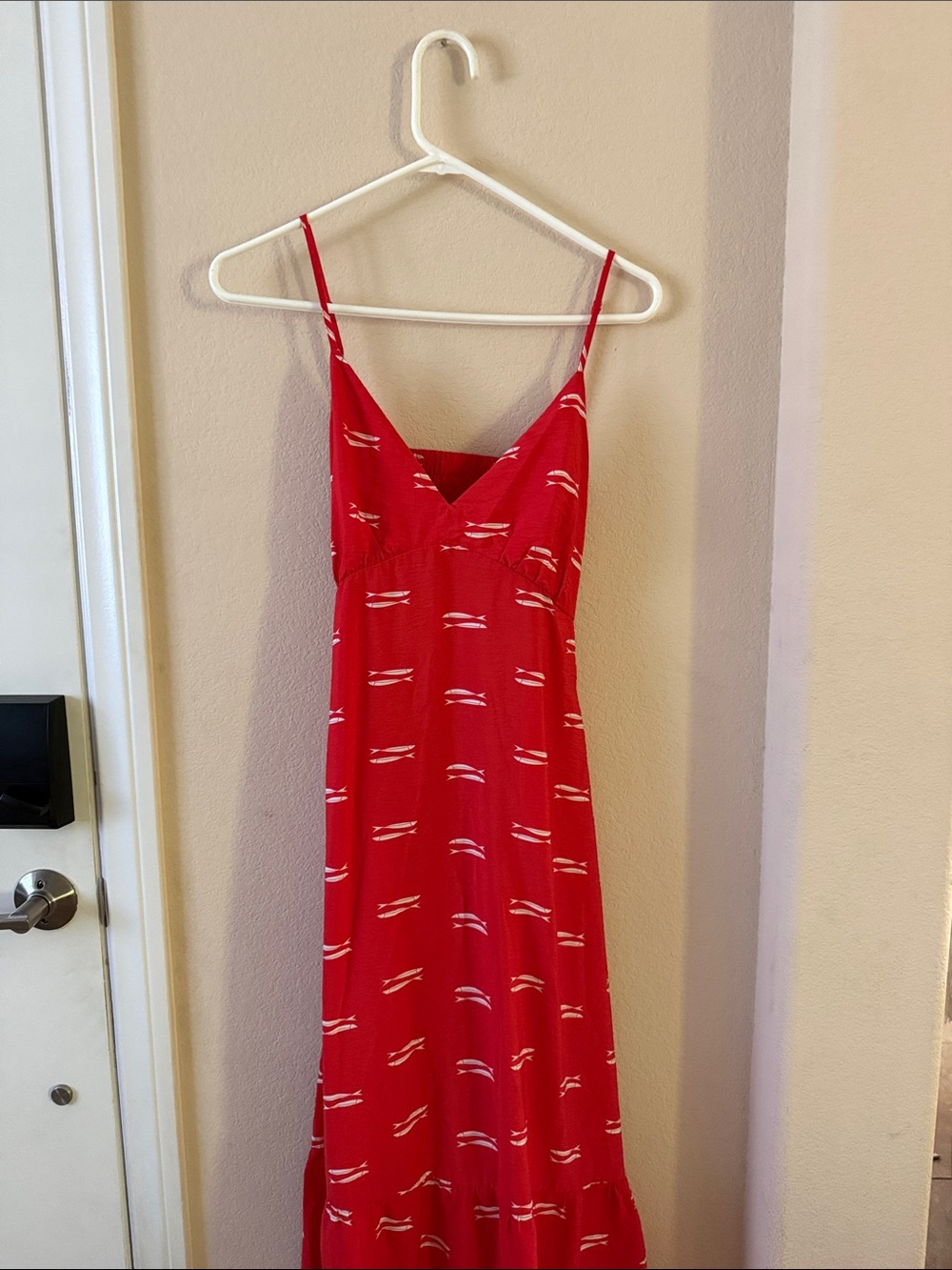 Red Sleeveless Maxi Dress with Subtle White Fish Print